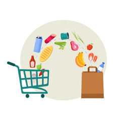 Full shopping basket in the supermarket. Food cart shop. Grocery store vector icons. Illustration of shopping carts and trolleys for a supermarket, food items from a grocery market. Buy food online.
