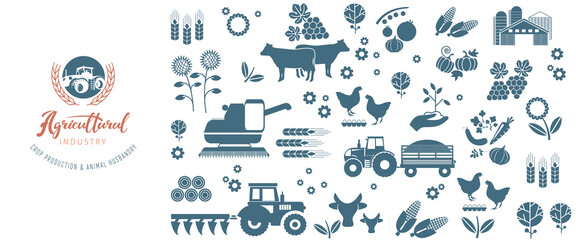 Agricultural background of farm icons. The emblem of the agricultural complex, for advertising the farm. - obrazy, fototapety, plakaty