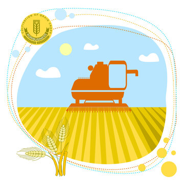 Vector illustration of a combine harvester harvesting grain in a field. Agricultural image with ears of corn and an emblem