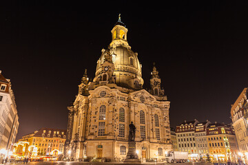Fototapeta na wymiar Night view of the Frauenkirche church with statue of Martin Luther on Neumarkt square in the old town of Dresden, Saxony, Germany.