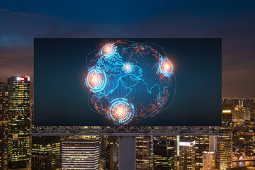 Hologram of Earth planet map on billboard over night panoramic cityscape of Singapore. The concept of international companies in Southeast Asia. Globe