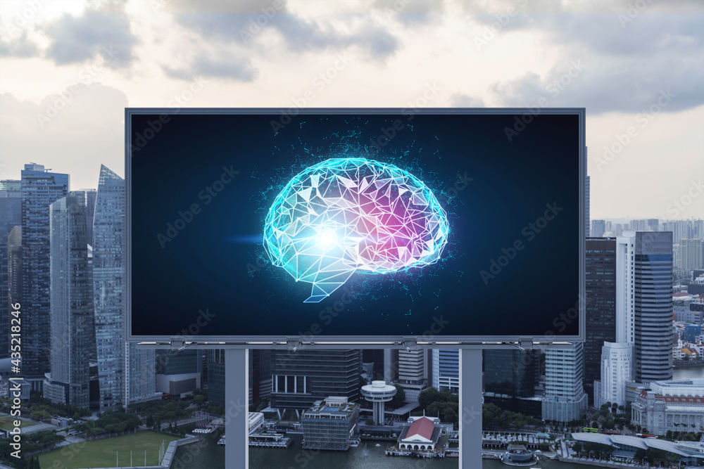 Poster brain hologram on billboard with singapore cityscape background at sunset. street advertising poster