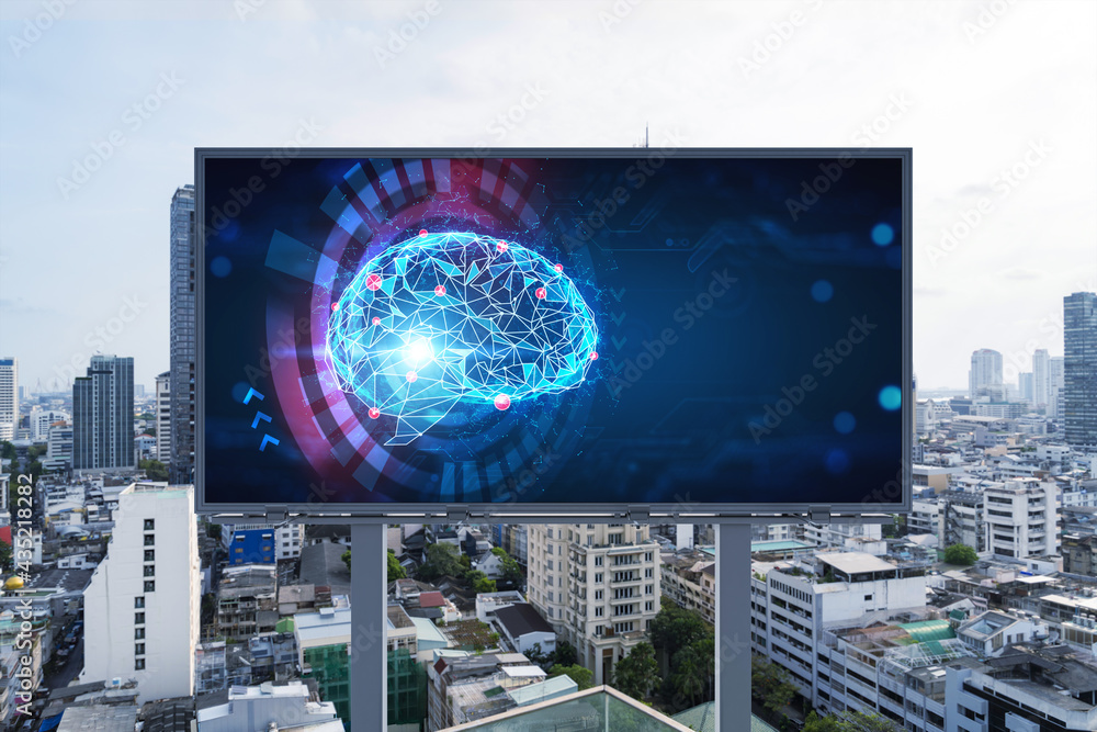 Poster brain hologram on billboard with bangkok cityscape background at day time. street advertising poster