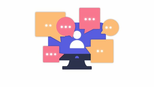 Cool simple animated monitor with avatar on display and chatting speech bubbl. Online chatting on account conceptual 2d video clip. Shape animation.