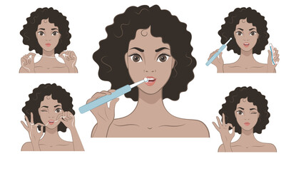 Set of illustrations with a beautiful brunette girl. Dental care. Teeth cleaning.