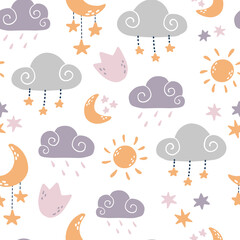 nursery seamless  pattern with hand drawn clouds, sun and moon in scandinavian style for kids apparel, textile prints, bedding, scrapbooking, stationary, wallpaper, wrapping paper, etc. 