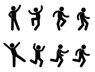 man waving his hands, icons set, human silhouettes in different poses, running people vector illustrations
