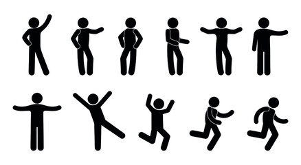 stick figure pictogram man various poses and gestures, isolated human silhouettes, people run, dance and wave their hands