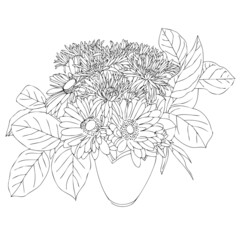 Vase with flowers chrysanthemums, daisies and gerberas. Anti-stress coloring book for adults