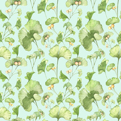 Seamless pattern with watercolor green Ginkgo leaves. Print textile fabric background herbal sketched.