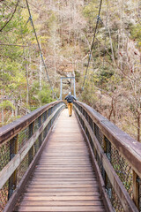 Mountaineer walking on a wooden suspension bridge