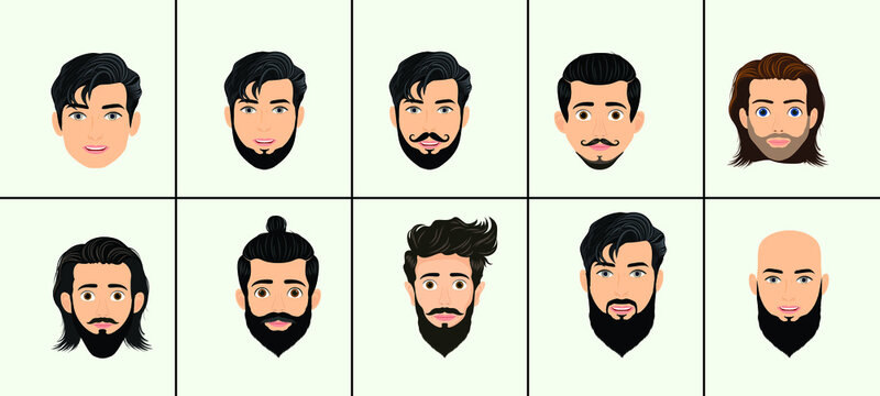 set of vector man face, man head avatar front side view, Man face - flat design - vector illustration