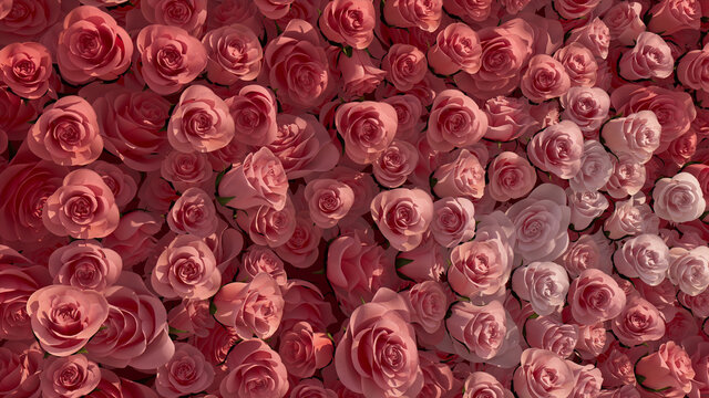 Colorful, Elegant Wall background with Roses. Bright, Floral Wallpaper with Pink, Romantic flowers. 3D Render