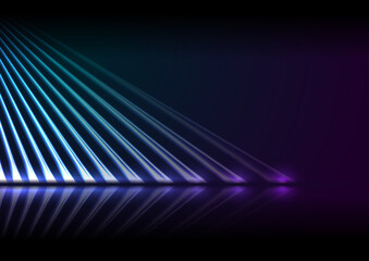 Cyan and violet neon laser lines with reflection. Abstract rays technology retro background. Futuristic glowing graphic design. Modern vector illustration