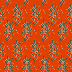 Pattern with palm leaves on the red background.