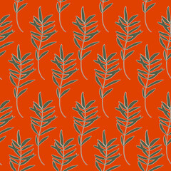 Pattern with palm leaves on the red background.