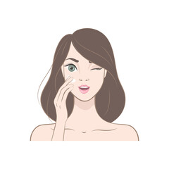 Beautiful young brunette woman  with clean fresh skin. Beauty Skin Care. Happy Woman Applying Cosmetic Cream On Clean Face. Vector illustration