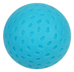 Blue rubber ball shaped as planet or meteor with craters isolated on white background