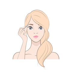 The isolated image on a white background. Cute Blonde girl plucked her eyebrows with tweezers.