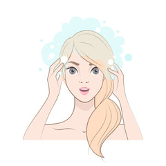 An isolated image of a beautiful girl. Young Blonde woman washes her hair. Hair care. Close-up.