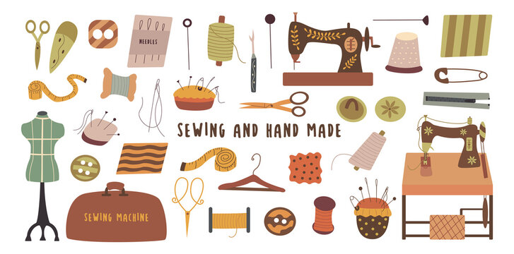 Set of elements for hand made and sewing. Needle and thread, scissors and thimble, sewing machine and fabric, ripper and zipper, centimeter and button. Colorful vector illustration hand drawn isolated
