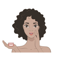 Vector illustration. African American Girl puts a finger to her lips. Skin care. Cream