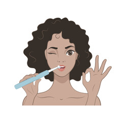 Pretty African American woman with toothbrush isolated on the white background. Vector illustration in cartoon style