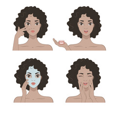 Vector illustration of a pretty African American Girl doing skin care
