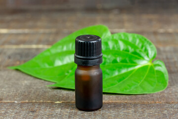 Betel Essential oil in bottle and green leaf on wooden table. Betel is a vine that has the heart shaped leaves.