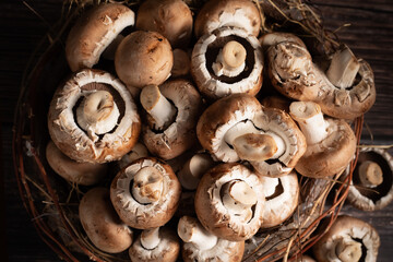 braune Pilze liegen auf dem Holztisch und bilden einen Hintergrund.  Querformat. Als veganes und gesundes Lebensmittel enthalten Pilze auch wertvolle Mikronährstoffe. Zum Beispiel B Vitamine