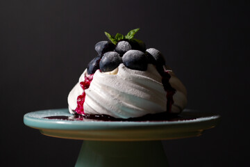 Blueberry Pavlova with blueberry coulis