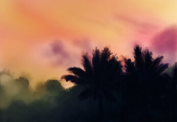 Silhouettes of palm trees at sunset. Hand drawn tropical paradise after dusk.
