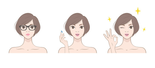 Set of images of a girl putting on contact lenses.