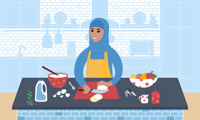 Young smiling woman wearing a hidjab preparing a meal. Flat style vector illustration.