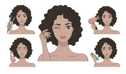 Cute girl takes care of her curly hair. Set of hair treatment procedure.Vector illustration