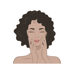 Beautiful African American Girl touches her face. Vector illustration in cartoon style