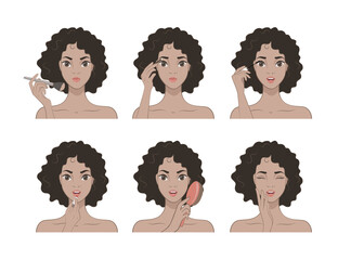 Young Woman with curly hair Makes Up With Various Actions Set. Steps. Cosmetic. Beauty, Makeup. Healthy. Vector illustration in cartoon style