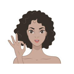 African American girl shows OK gesture. Vector illustration in cartoon style