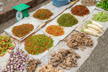 Various of fresh ingredients sell in local market. Asian market is a local food store that primarily caters to a single particular Asian cultural group.