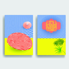 Beach Umbrella and Sea . Striped Background . Traveling or Summer Concept . Vector Illustration. 