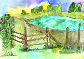 Poster watercolor childish illustration of a rural area with a flowering bush, a wooden fence and a lake © Helen
