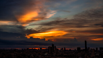 panoramic high-angle evening background of the city view,with natural beauty and blurred sunsets in the evening and the wind blowing all the time,showing the distribution of city center accommodation