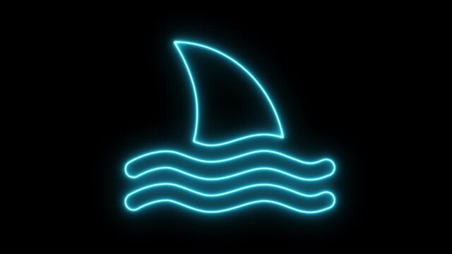 Linear neon animation of blue shark on black background. Motion graphic, 4K video