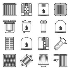 Different car filters icons set. Linear image of oil, gasoline and air filter for cleaning fuel, air and oil. Isolated vector on pure white background.