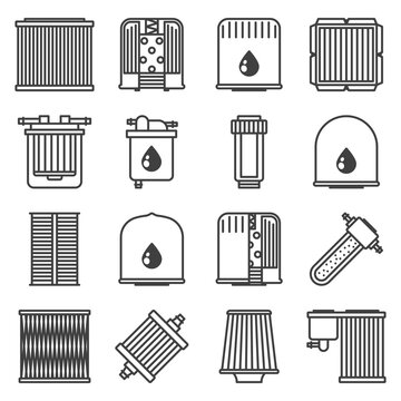 Different car filters icons set. Linear image of oil, gasoline and air filter for cleaning fuel, air and oil. Isolated vector on pure white background.