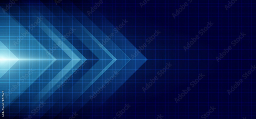 Poster abstract blue arrow glowing with lighting and line grid on blue background technology hi-tech concep