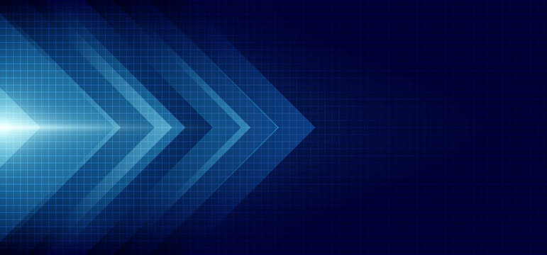 Abstract blue arrow glowing with lighting and line grid on blue background technology hi-tech concept