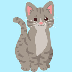 Simple and adorable Gray Tabby cat sitting in front view flat colored