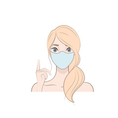 Attention. Young blonde woman with a medical disposable mask to avoid contagious viruses. Corona virus prevention. Vector isolated illustration on the white background