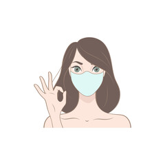 Young brunette woman with a medical disposable mask to avoid contagious viruses, Showing OK sign. Concept of coronavirus quarantine. Vector isolated illustration on the white background